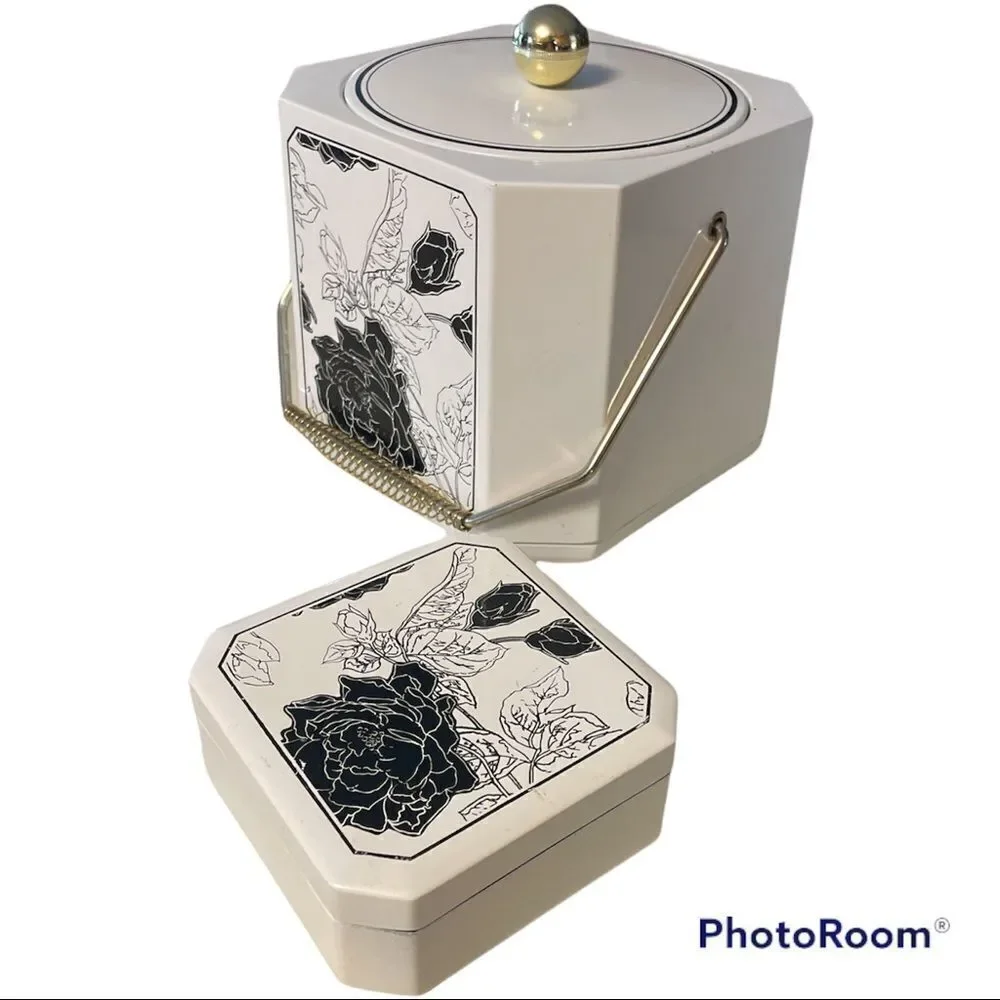 Vintage Mid Century Laquer Ware Ice Bucket and Coasters. Black and white floral.